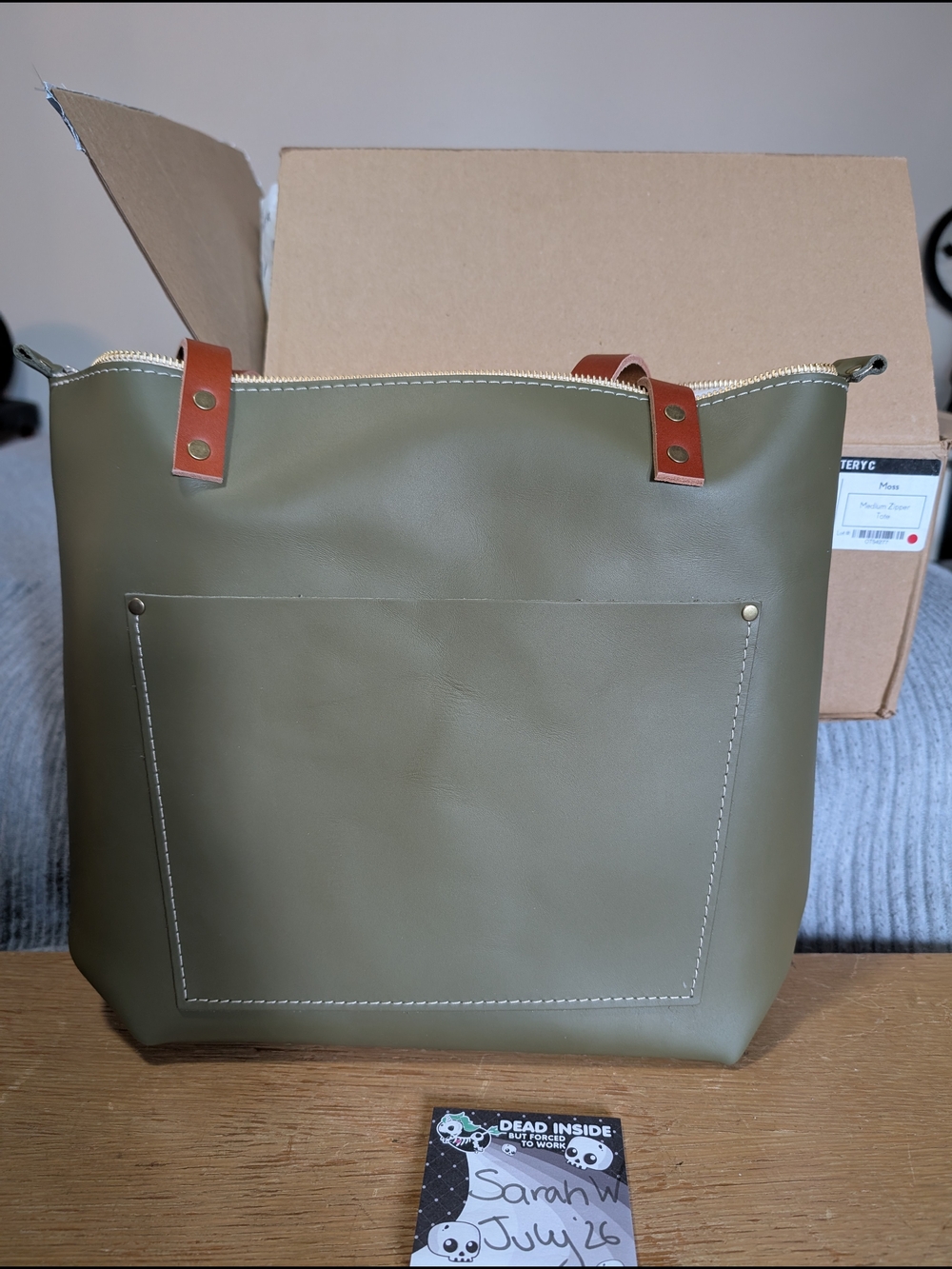 Portland Leather Moss Med Zip Tote with Tan Strap Accents